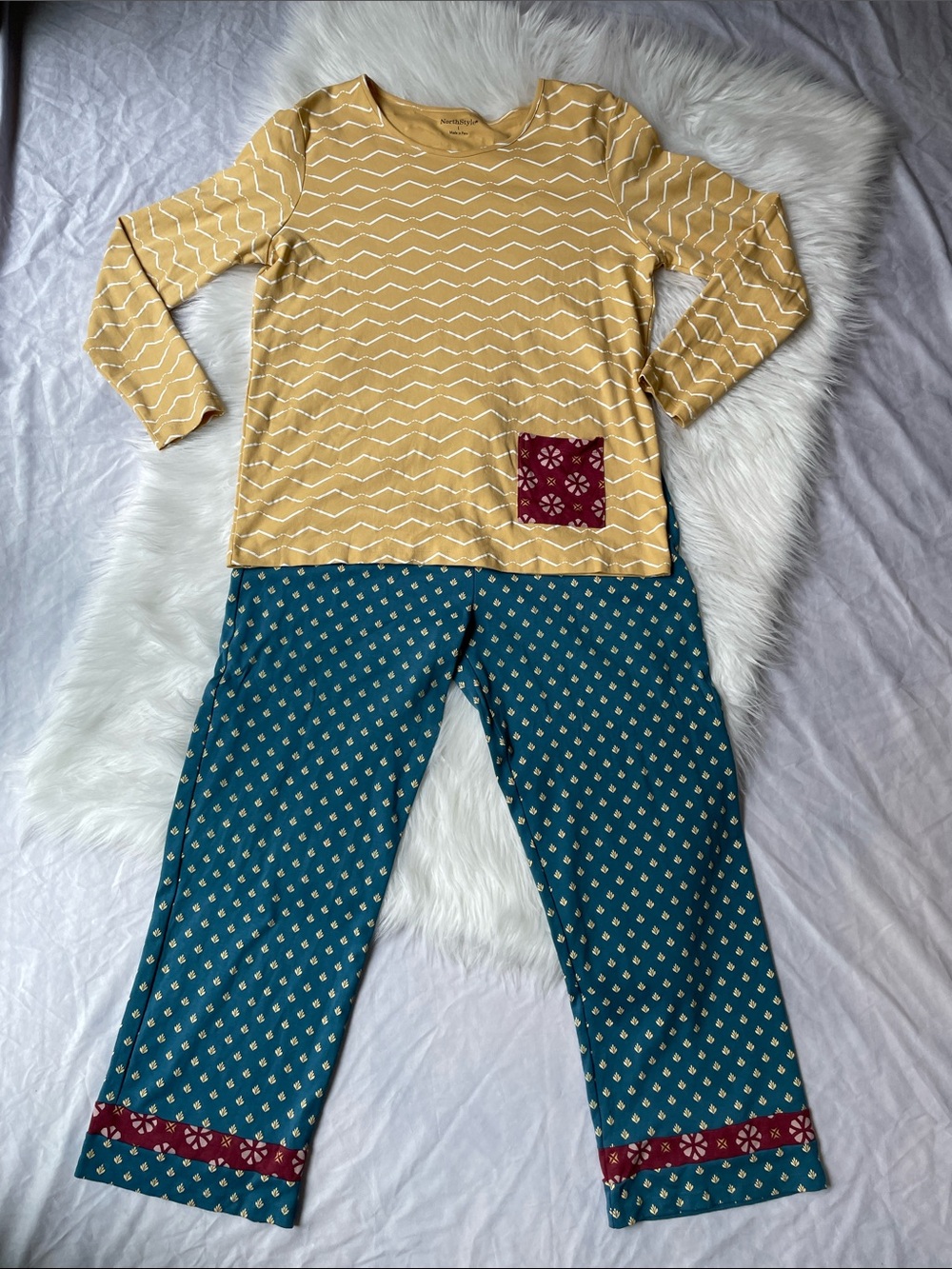 NorthStyle Mustard Chevron Long-Sleeve Top with Blue Printed Pajama Pants
